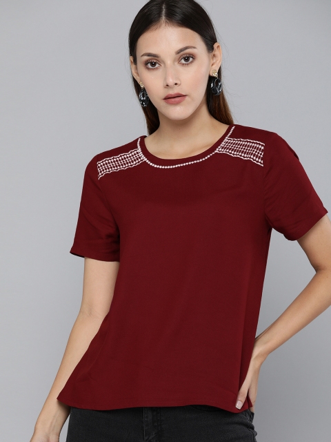 

Chemistry Women Burgundy Solid Top with Embroidery