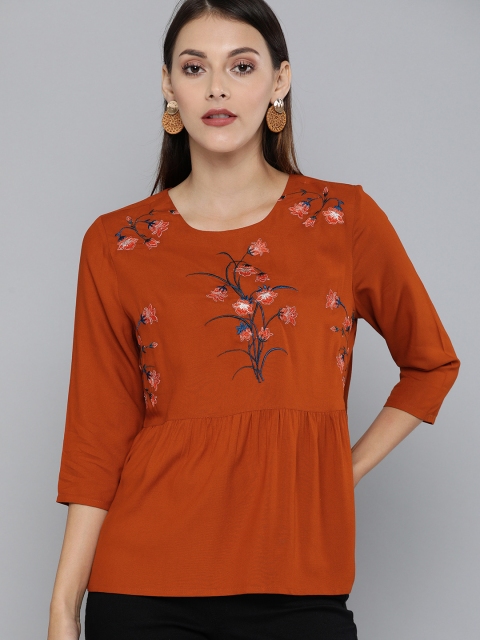 

Chemistry Women Rust Orange Floral Embroidered Top