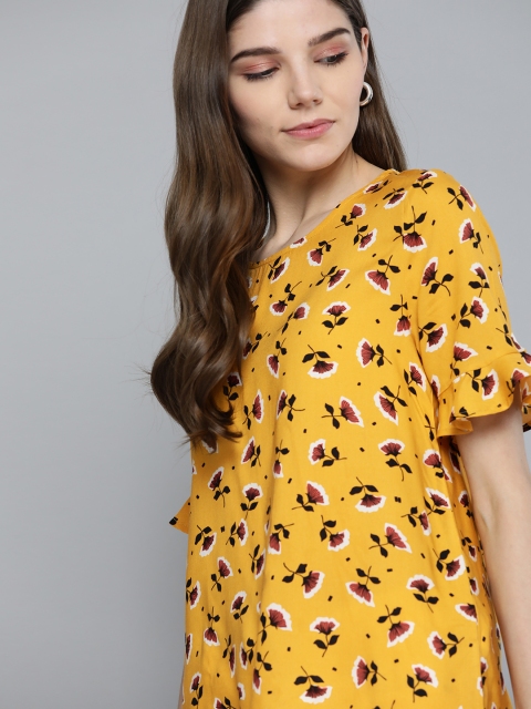 

Chemistry Mustard Yellow & Coffee Brown Romantic Floral Print Bell Sleeves Regular Top