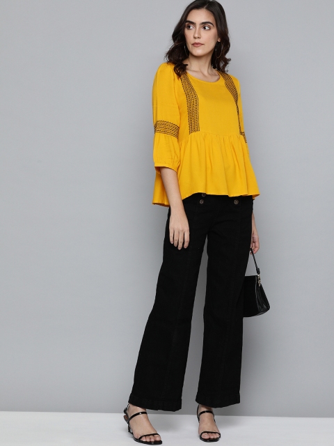 

Chemistry Women Mustard Yellow Solid Gathered A-Line Top with Embroidery
