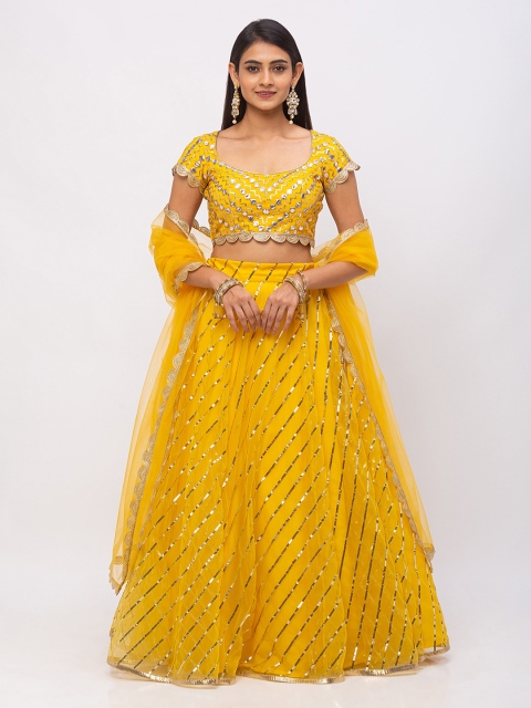 

6Y COLLECTIVE Women Mustard Yellow Leheriya Patterned Sequin Embroidered Net Ready to Wear Lehenga & Unstitched Choli with Dupatta