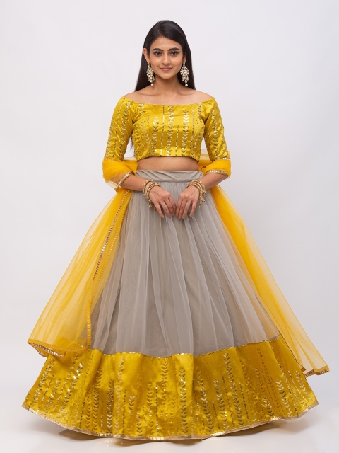 

6Y COLLECTIVE Women Grey & Mustard Yellow Sequin Embroidered Ready to Wear Net Lehenga & Unstitched Choli with Dupatta