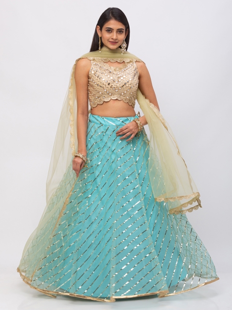 

6Y COLLECTIVE Women Turquoise Blue & Beige Leheriya Patterned Sequin Embroidered Ready to Wear Net Lehenga & Unstitched Choli with Dupatta