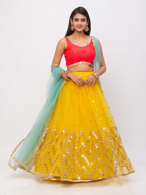 

6Y COLLECTIVE Women Mustard Yellow & Pink Sequin Embroidered Ready to Wear Net Gotapatti Lehenga & Unstitched Choli with Dupatta