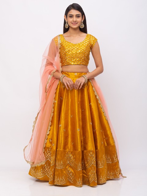 

6Y COLLECTIVE Women Mustard Yellow & Pink Zari & Sequin Embroidered Scalloped Design Ready to Wear Raw Silk Lehenga & Unstitched Choli with Dupatta