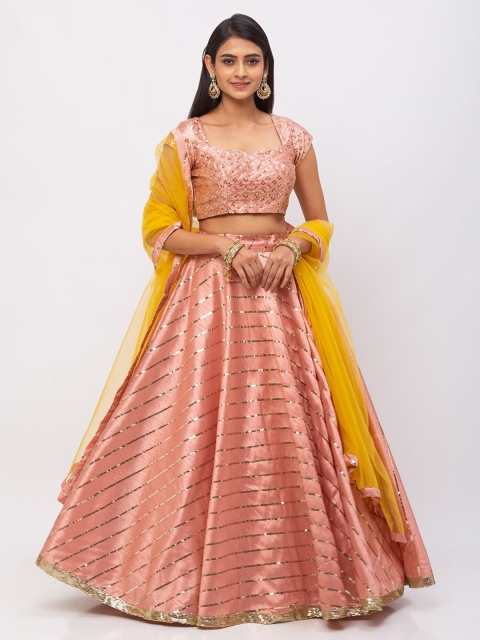 

6Y COLLECTIVE Women Peach-Coloured & Mustard Yellow Leheriya Patterned Sequin Embroidered Ready to Wear Raw Silk Lehenga & Unstitched Choli with Dupatta