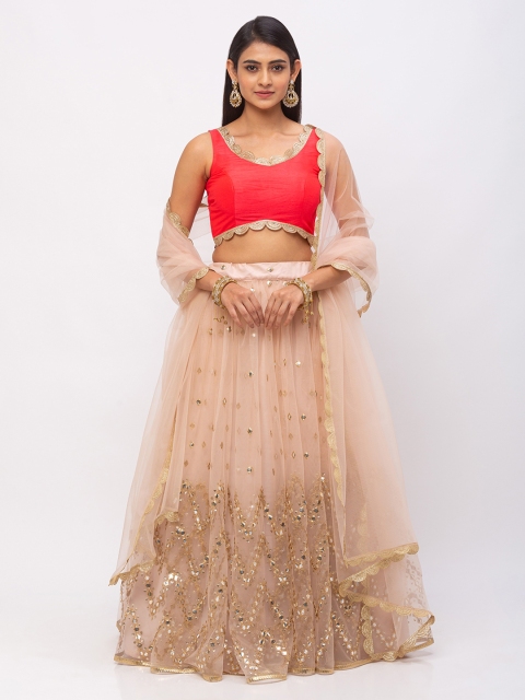 

6Y COLLECTIVE Women Pink Sequin Embroidered Wave Designed Gotapatti Ready to Wear Net Lehenga & Unstitched Choli with Dupatta