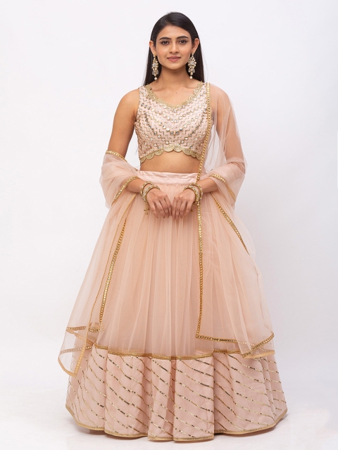 

6Y COLLECTIVE Women Pink Sequin Embroidered Leheriya Hem Ready to Wear Gotapatti Net Lehenga & Unstitched Choli with Dupatta