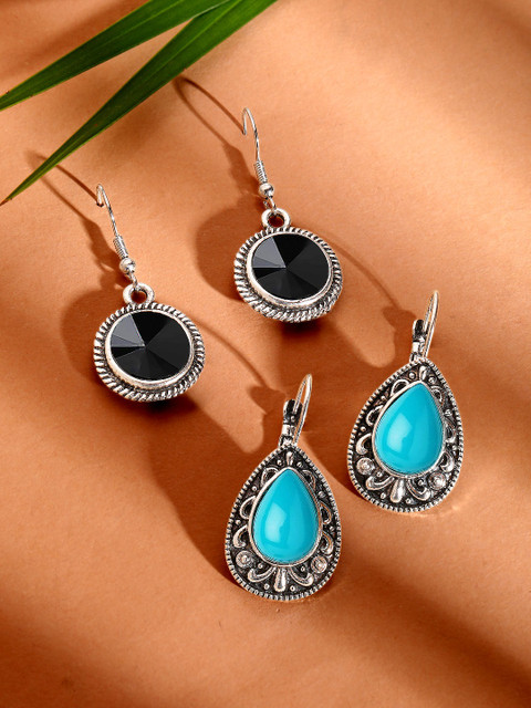 

Rubans Set of 2 Silver-Toned & Black Contemporary Drop Earrings