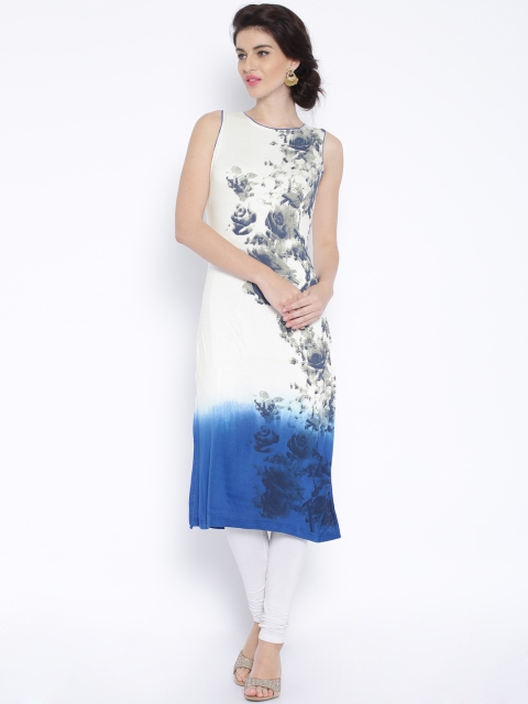 

Ira Soleil White & Blue Ombre-Dyed Floral Print Kurta