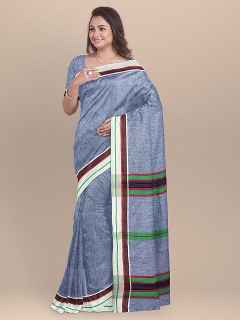 

BharatSthali Blue & Maroon Pure Linen Woven Design Handloom Bhagalpuri Sustainable Saree