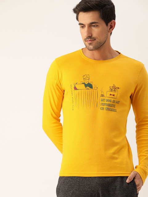 

Peter England Men Mustard Yellow Printed Round Neck Lounge T-shirt