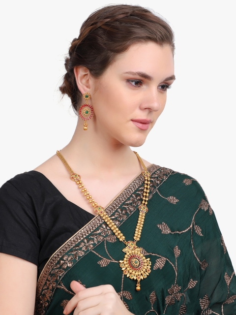 

Adwitiya Collection Women 24CT Gold-Plated Pink Stone-Studded long Jewellery Set