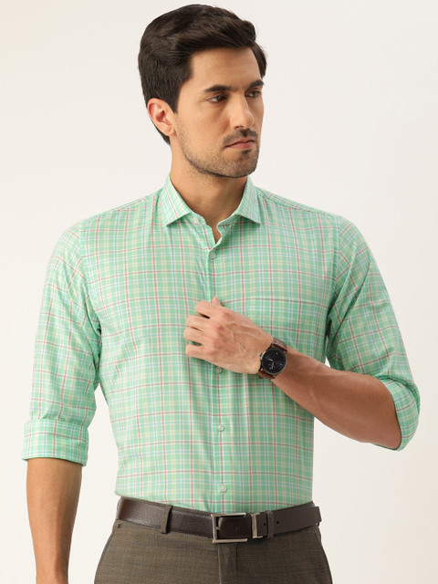 

Peter England Men Green & Blue Slim Fit Checked Formal Shirt