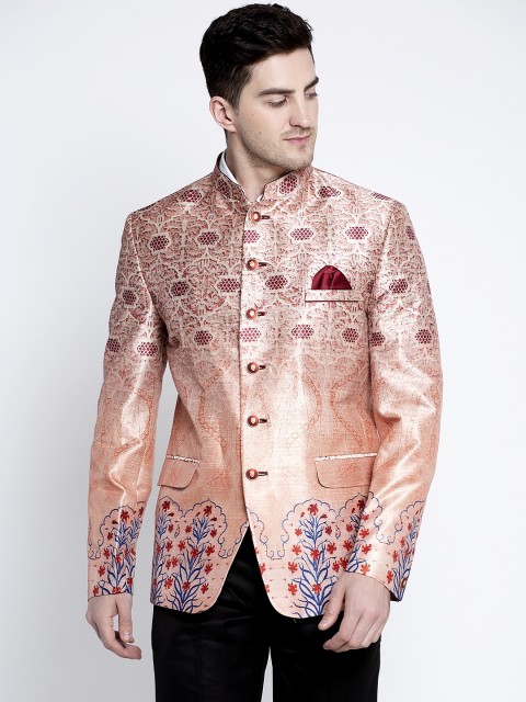 

MAXENCE Men Peach-Coloured Printed Single Breasted Blazer