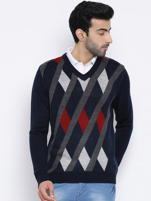

Richlook Men Navy Blue Self Design Pullover Sweater