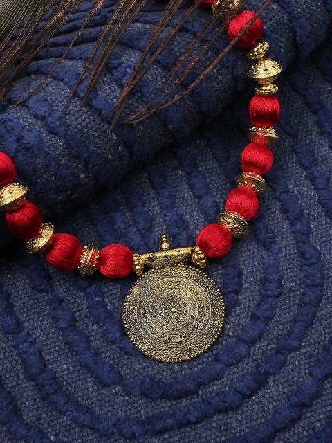 

AKSHARA Women Red & Gold-Toned Handcrafted Long Brass Pendent Necklace
