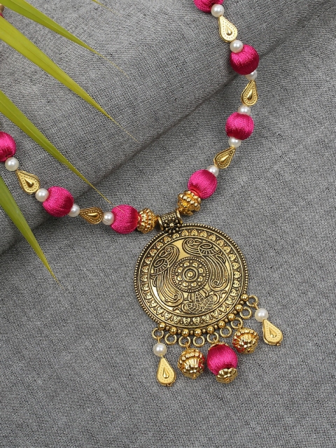 

AKSHARA Pink & Copper-Toned Handmade Silk Thread Pendant With Necklace
