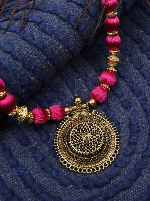 

AKSHARA Pink Handcrafted Long Brass Handcrafted Pendent Necklace, Gold