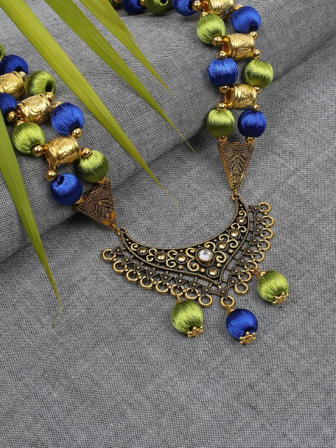 

AKSHARA Women Green & Blue Handcrafted Long Brass Pendent Necklace
