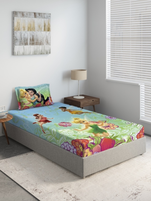 DDecor Kids Green & Red Tinker Bell Printed 150 TC Cotton Single Bedsheet With 1 Pillow Cover