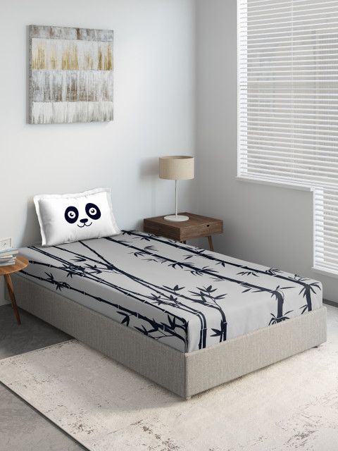 

DDecor Kids White & Grey Floral Printed 140 TC Single Bedsheet With Pillow Cover