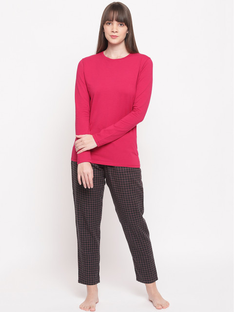 

Enamor Women Pink & Black Solid Night Suit