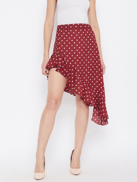 

Berrylush Women Red Polka Dot Print A-line Midi Asymmetric Ruffled Hem Skirt