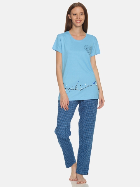 

TWIN BIRDS Women Blue Printed Night Suit