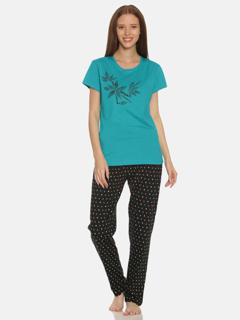 

TWIN BIRDS Women Teal Green & Black Printed Night Suit