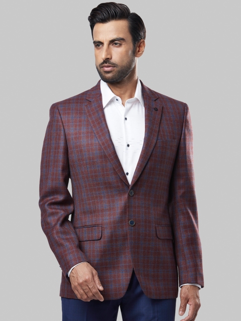 

Raymond Men Brown & Blue Checked Single-Breasted Formal Blazer