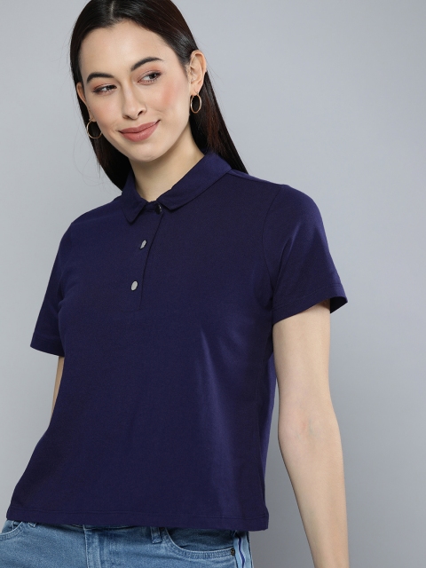 

Chemistry Women Navy Blue Solid Polo Collar T-shirt