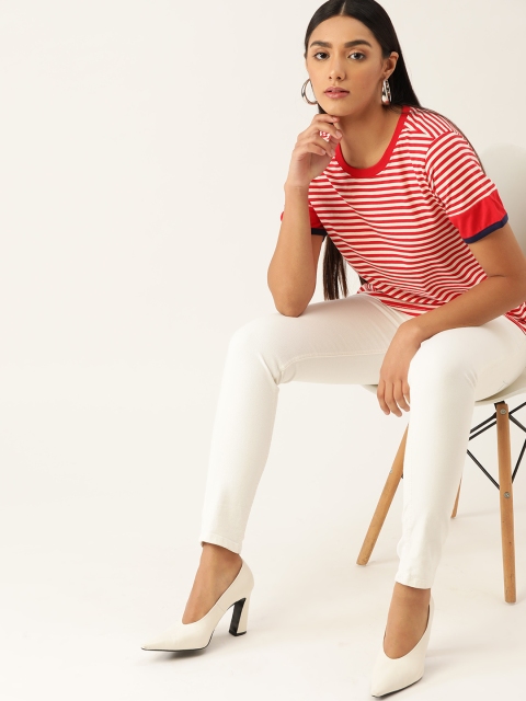 

Chemistry Women White & Red Pure Cotton Striped T-shirt