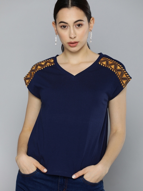 

Chemistry Women Navy Blue Solid V-Neck T-shirt With Embroidery