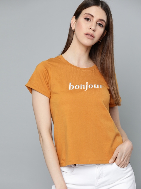 

Chemistry Women Mustard Yellow Pure Cotton Embroidered Detail Round Neck T-shirt