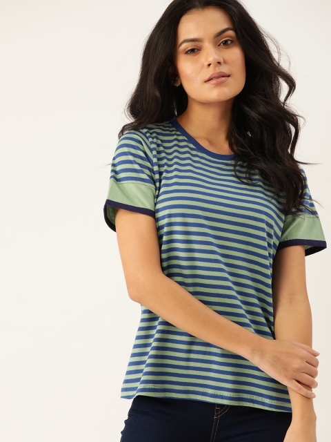 

Chemistry Women Blue & Green Pure Cotton Striped T-shirt