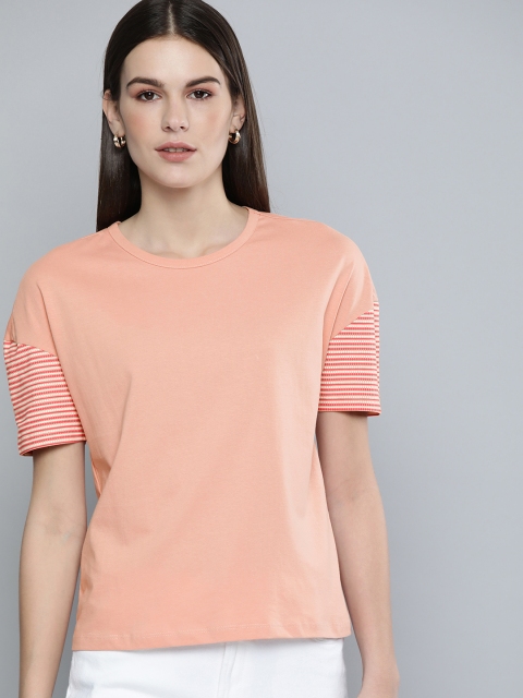 

Chemistry Women Peach-Coloured Solid Round Neck T-shirt
