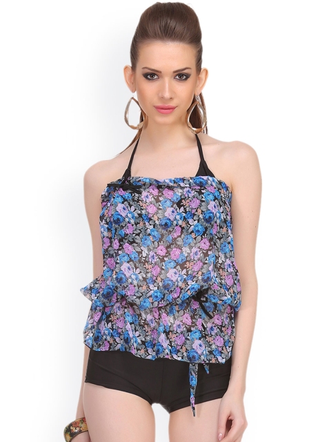 

Clovia Black & Blue Bikini Swimwear with Floral Print Cover-Up SM0033P08S