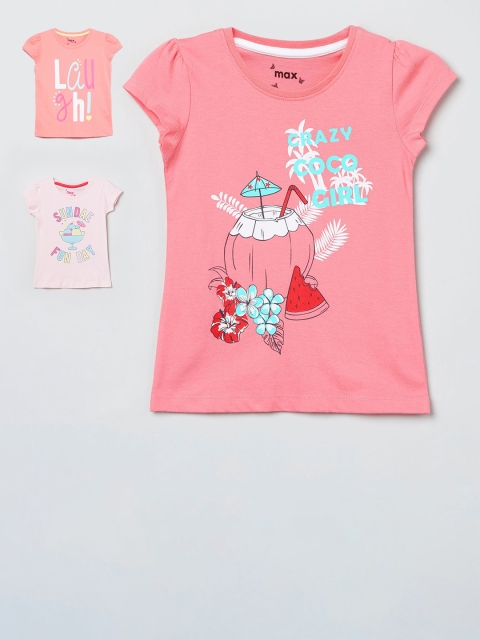 

max Girls Pack Of 3 Printed Round Neck Cotton T-shirt, Peach