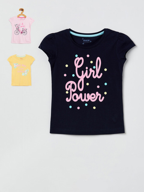 

max Girls Pink & Navy Blue Set of 3 Printed Round Neck T-shirt