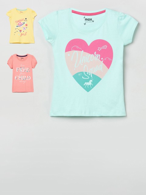 

max Girls Pack Of 3 Printed Round Neck Cotton T-shirt, Sea green
