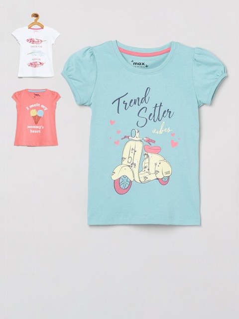 

max Girls Pack Of 3 Printed Round Neck Cotton T-shirt, Blue