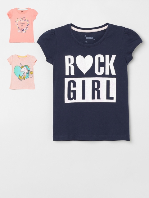 

max Girls Pack Of 3 Printed Round Neck T-shirts, Blue
