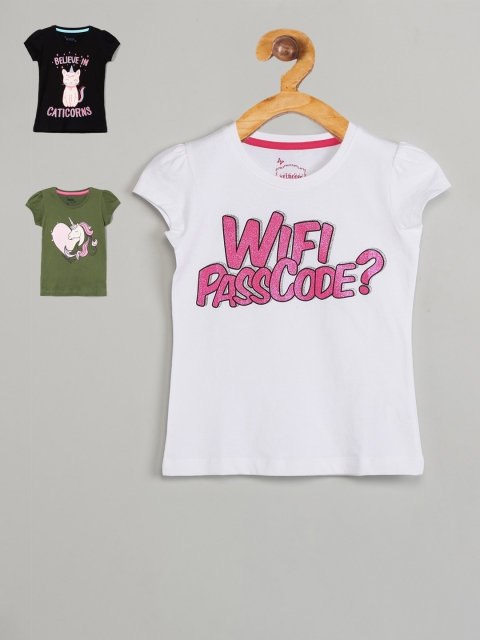 

max Girls Pack Of 3 Printed Round Neck T-shirt, White