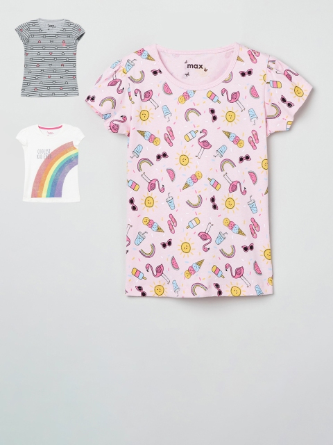 

max Girls Pack Of 3 Printed Round Neck Cotton T-shirt, Pink