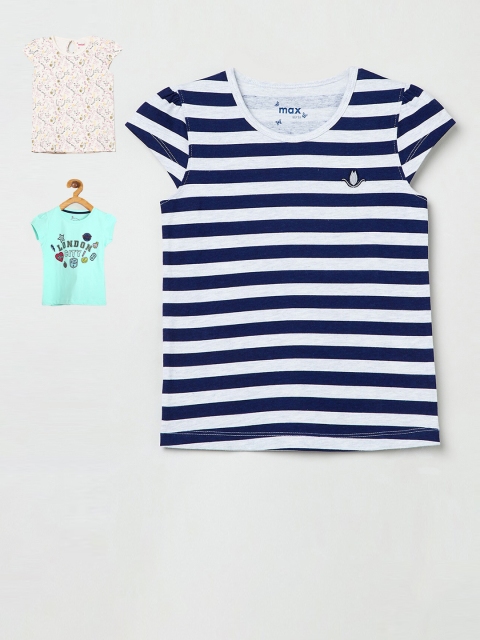 

max Girls Pack Of 3 Striped Round Neck T-shirt, Navy blue