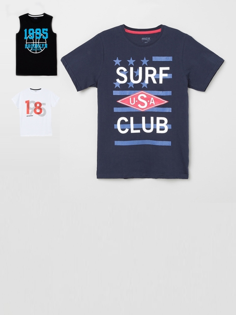 

max Boys Pack Of 3 Printed Round Neck T-shirts, Navy blue