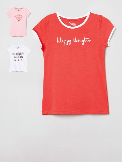 

max Girls Pack Of 3 Printed Round Neck T-shirt, Coral