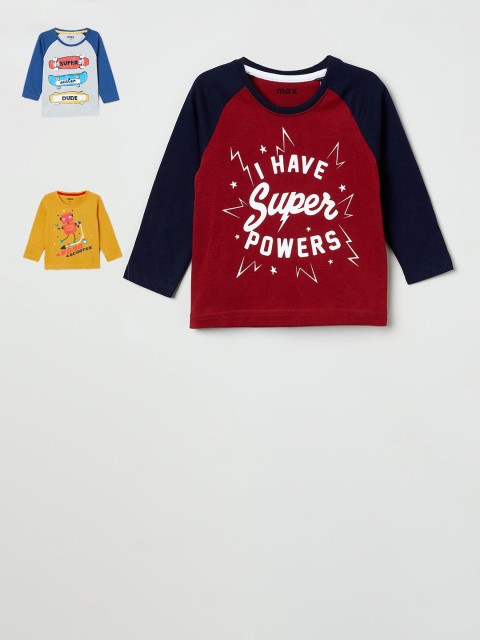 

max Boys Pack Of 3 Printed Round Neck Cotton T-shirt, Red