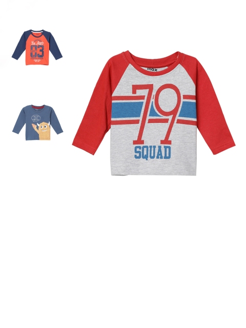 

max Boys Grey Melange & Blue Set of 3 Printed Round Neck T-shirt